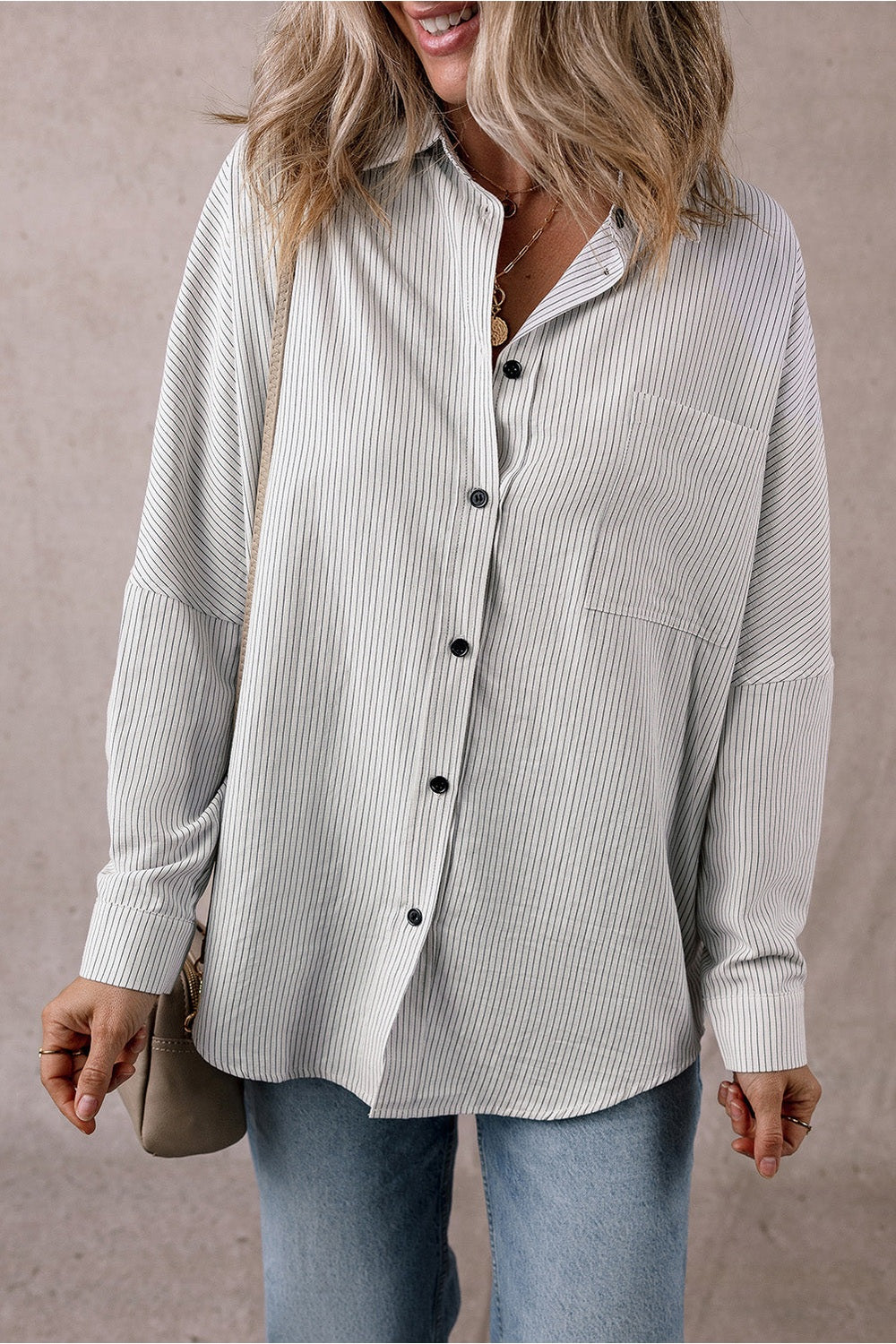 Pocketed Striped Collared Neck Long Sleeve Shirt - Shirts - FITGGINS