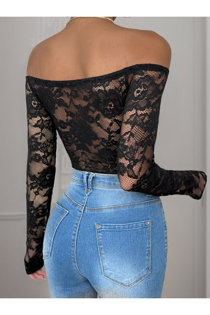 Perfee Lace Off-Shoulder Long Sleeve Bodysuit - Bodysuit - FITGGINS