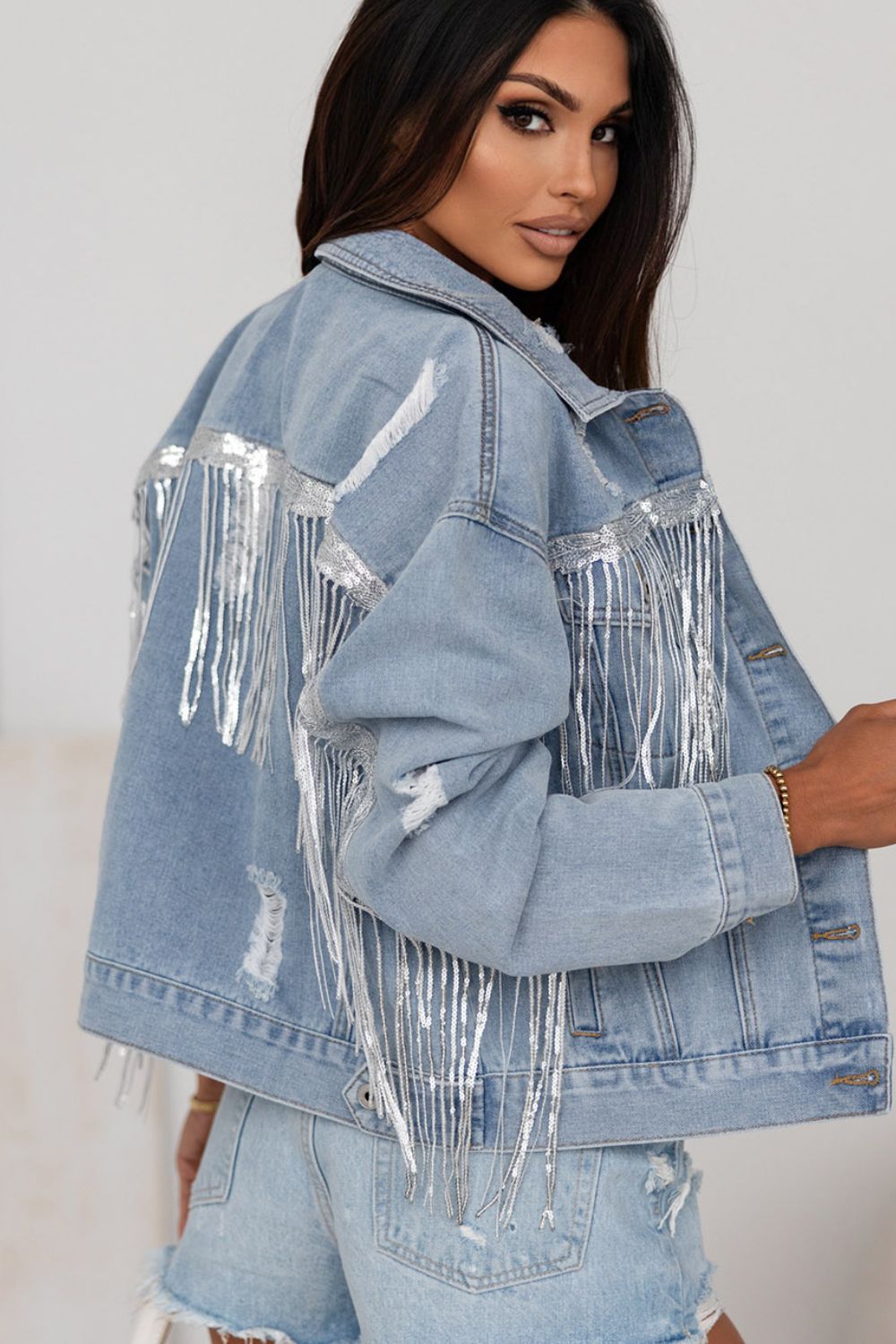 Sequin Fringe Trim Distressed Button Up Denim Jacket - Denim Jackets - FITGGINS