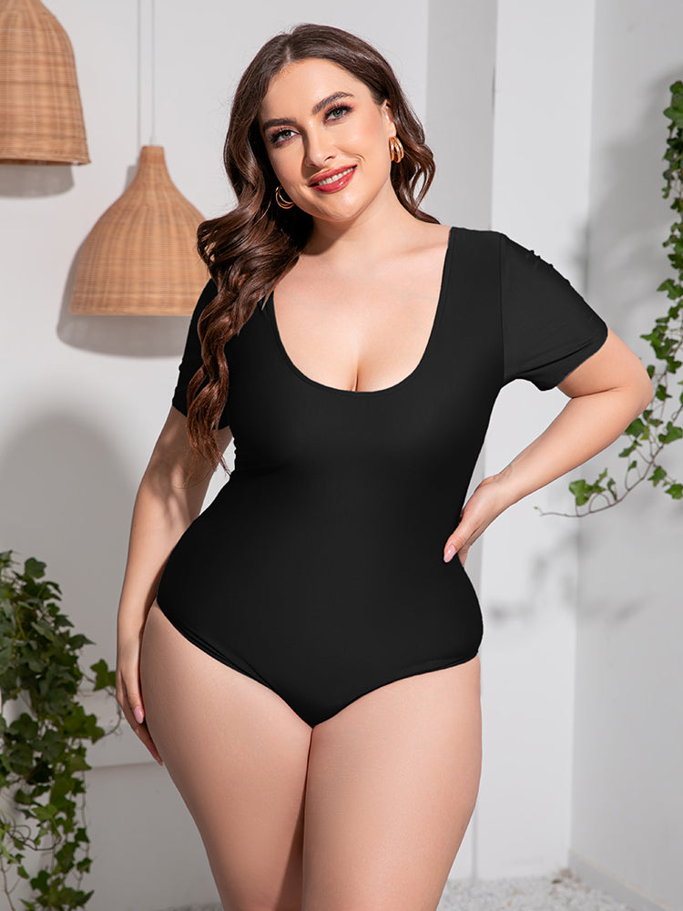 Plus Size Scoop Neck Short Sleeve One-Piece Swimsuit Fitggins