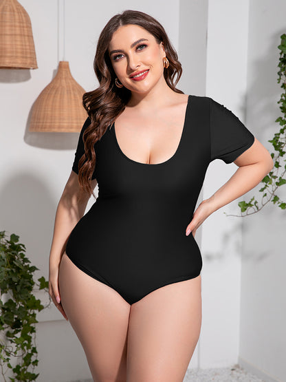 Plus Size Scoop Neck Short Sleeve One-Piece Swimsuit Fitggins