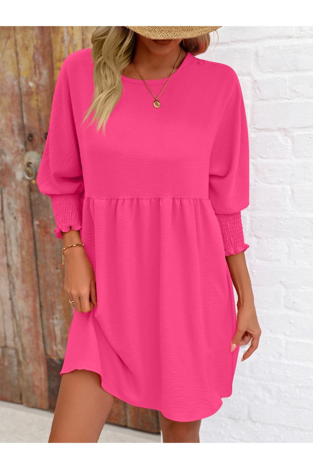 Round Neck Lantern Sleeve Mini Dress - Casual & Maxi Dresses - FITGGINS