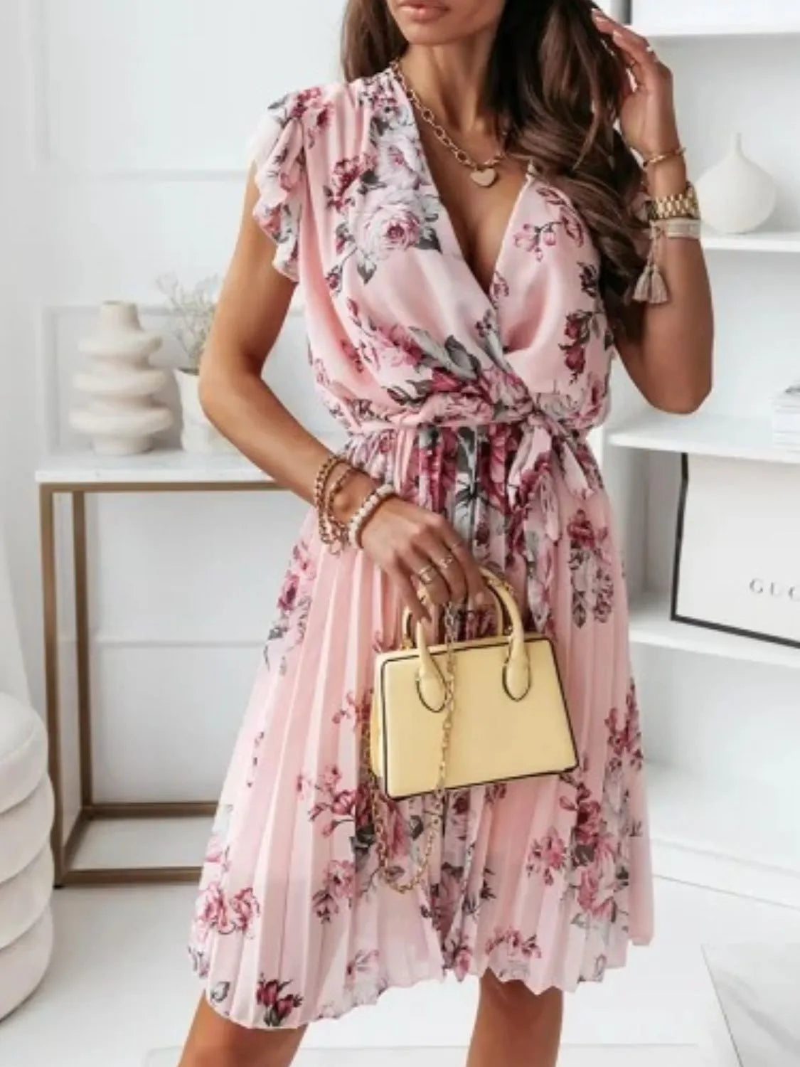 Floral Surplice Ruffled Cap Sleeve Dress Fitggins