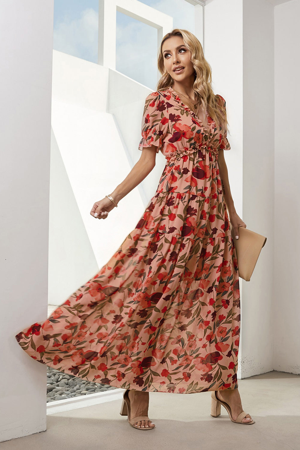 Floral V-Neck Short Flounce Sleeve Dress Fitggins