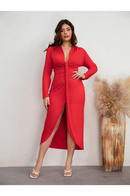 Plus Size Plunge Ruched Slit Dress - Casual & Maxi Dresses - FITGGINS