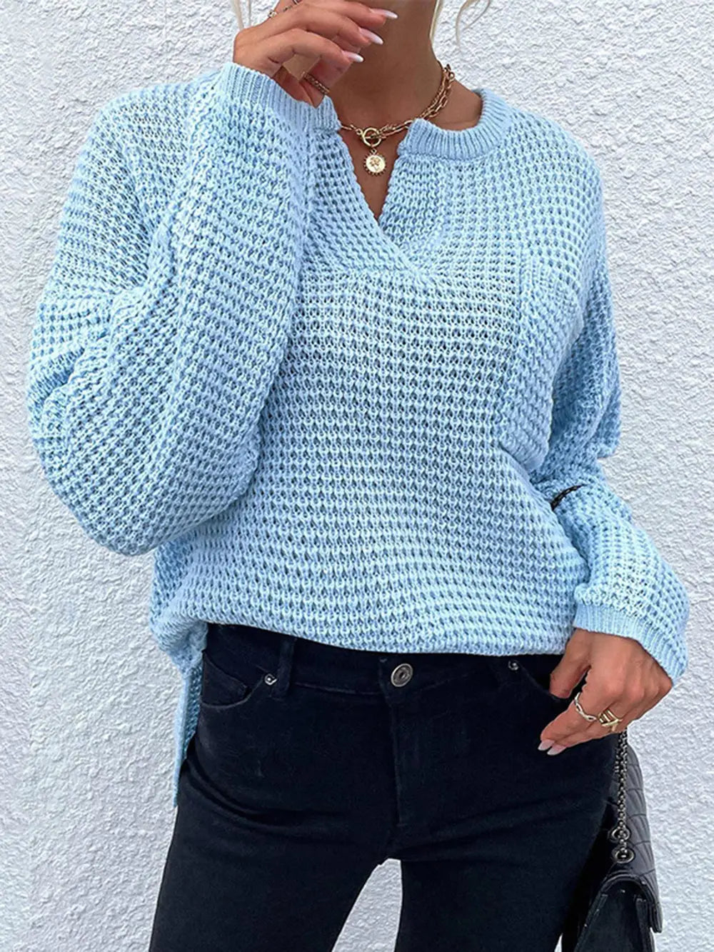 Notched Long Sleeve Sweater Pastel Blue Fitggins