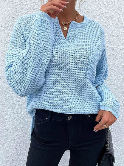 Notched Long Sleeve Sweater Pastel Blue Fitggins
