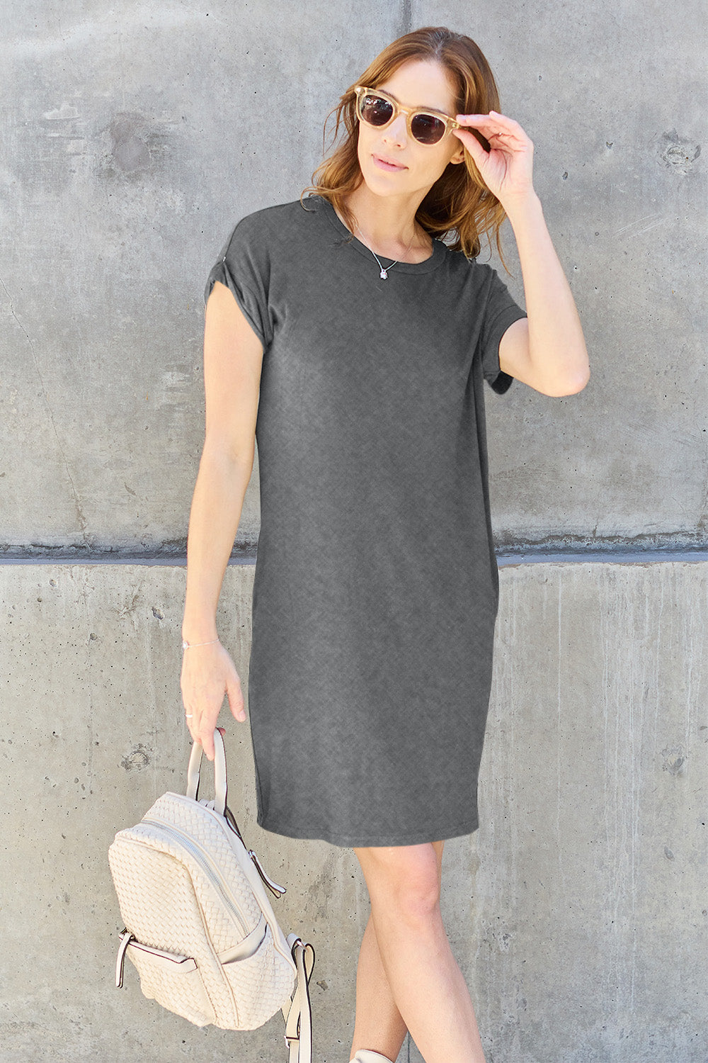 Basic Bae Full Size Round Neck Short Sleeve Dress with Pockets - Casual & Maxi Dresses - FITGGINS