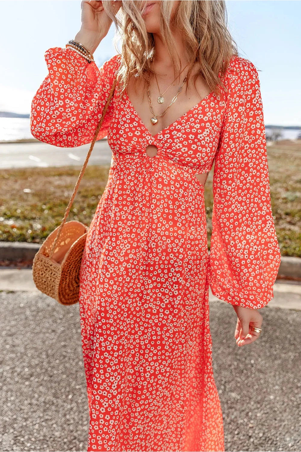 Printed V-Neck Long Sleeve Midi Dress - Casual & Maxi Dresses - FITGGINS