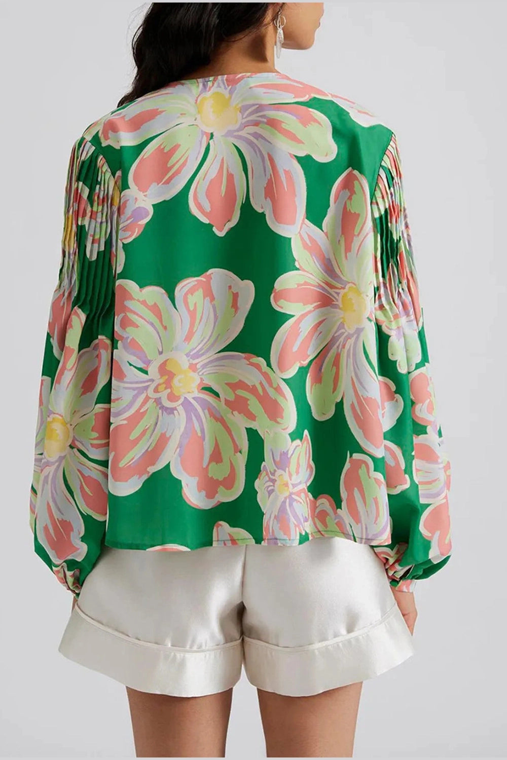 Floral Pleated Puff Sleeve Shirt - Shirts - FITGGINS