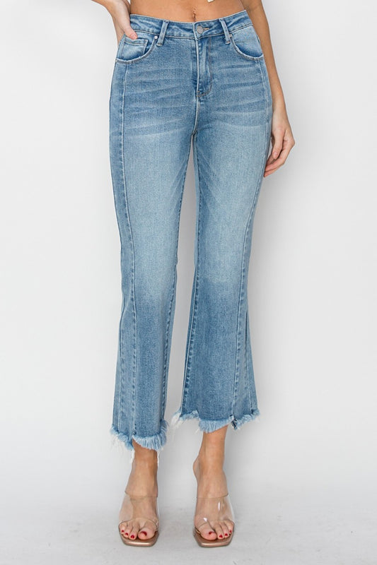 RISEN Full Size High Rise Frayed Hem Flare Jeans - Jeans - FITGGINS