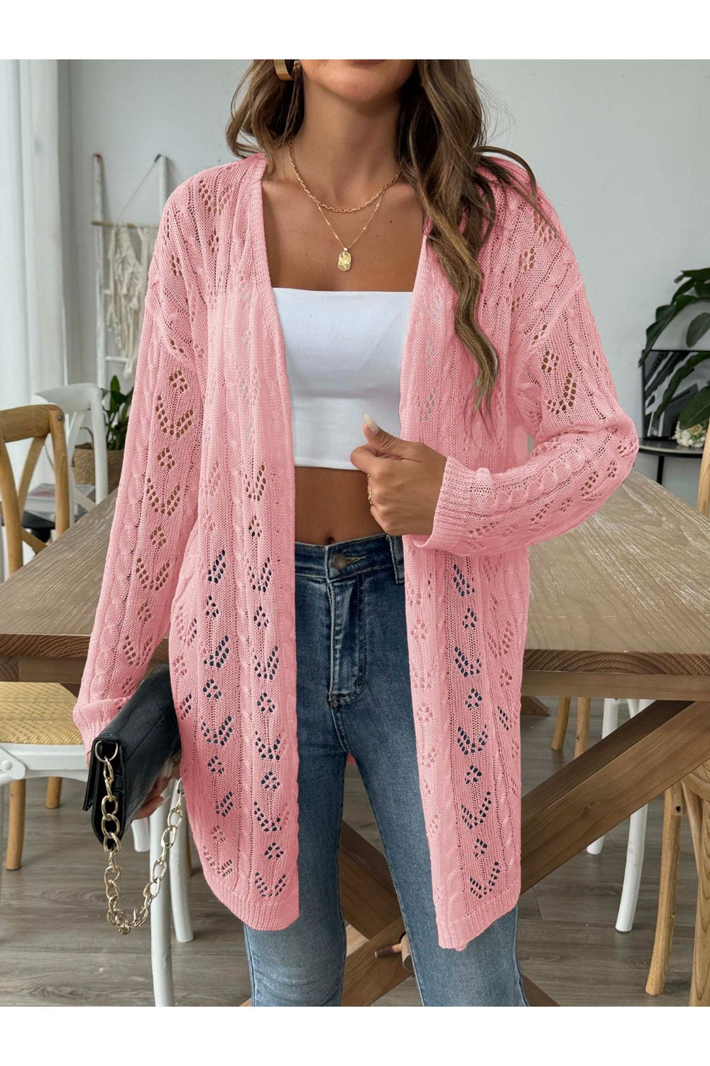 Openwork Open Front Long Sleeve Cardigan - Cardigans - FITGGINS