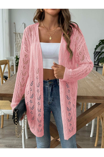 Openwork Open Front Long Sleeve Cardigan - Cardigans - FITGGINS