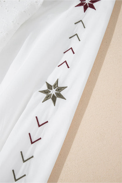 Embroidered Eyelet Collared Long Sleeve Shirt Fitggins