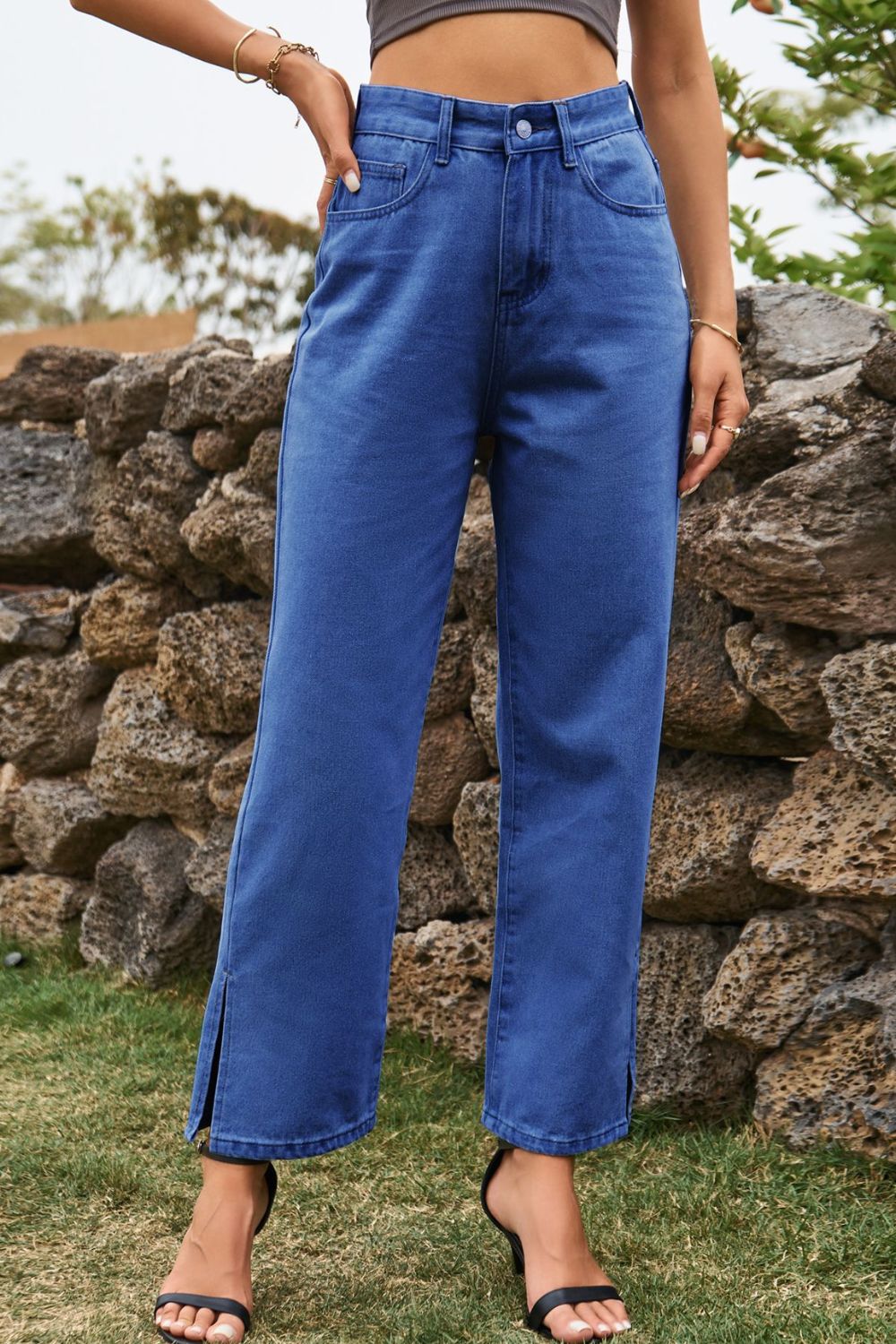 High Waist Loose Fit Ankle Slit Jeans Medium Fitggins