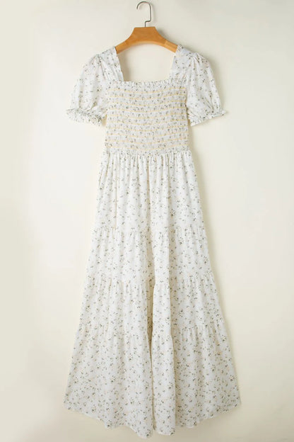 Floral Smocked Short Puff Sleeve Maxi Dress Fitggins