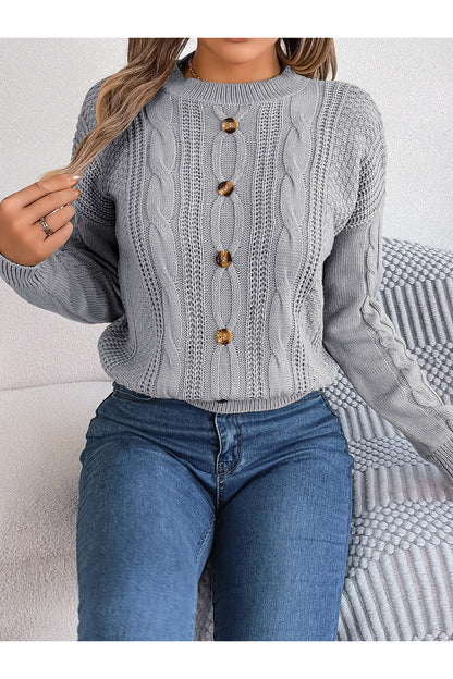 Cable-Knit Buttoned Round Neck Sweater - Pullover Sweaters - FITGGINS