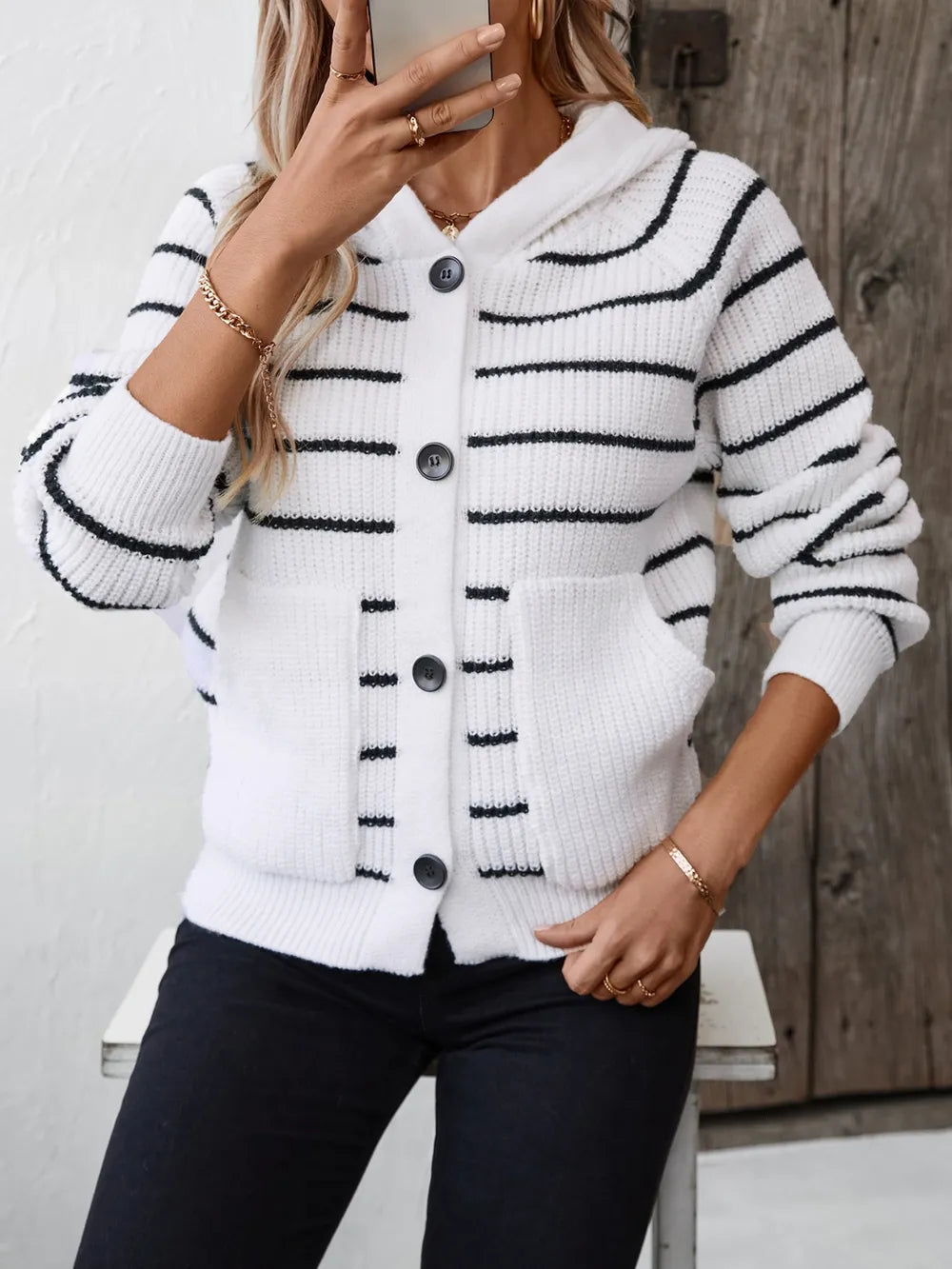 Striped Button Up Long Sleeve Hooded Cardigan Fitggins