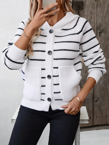 Striped Button Up Long Sleeve Hooded Cardigan Fitggins