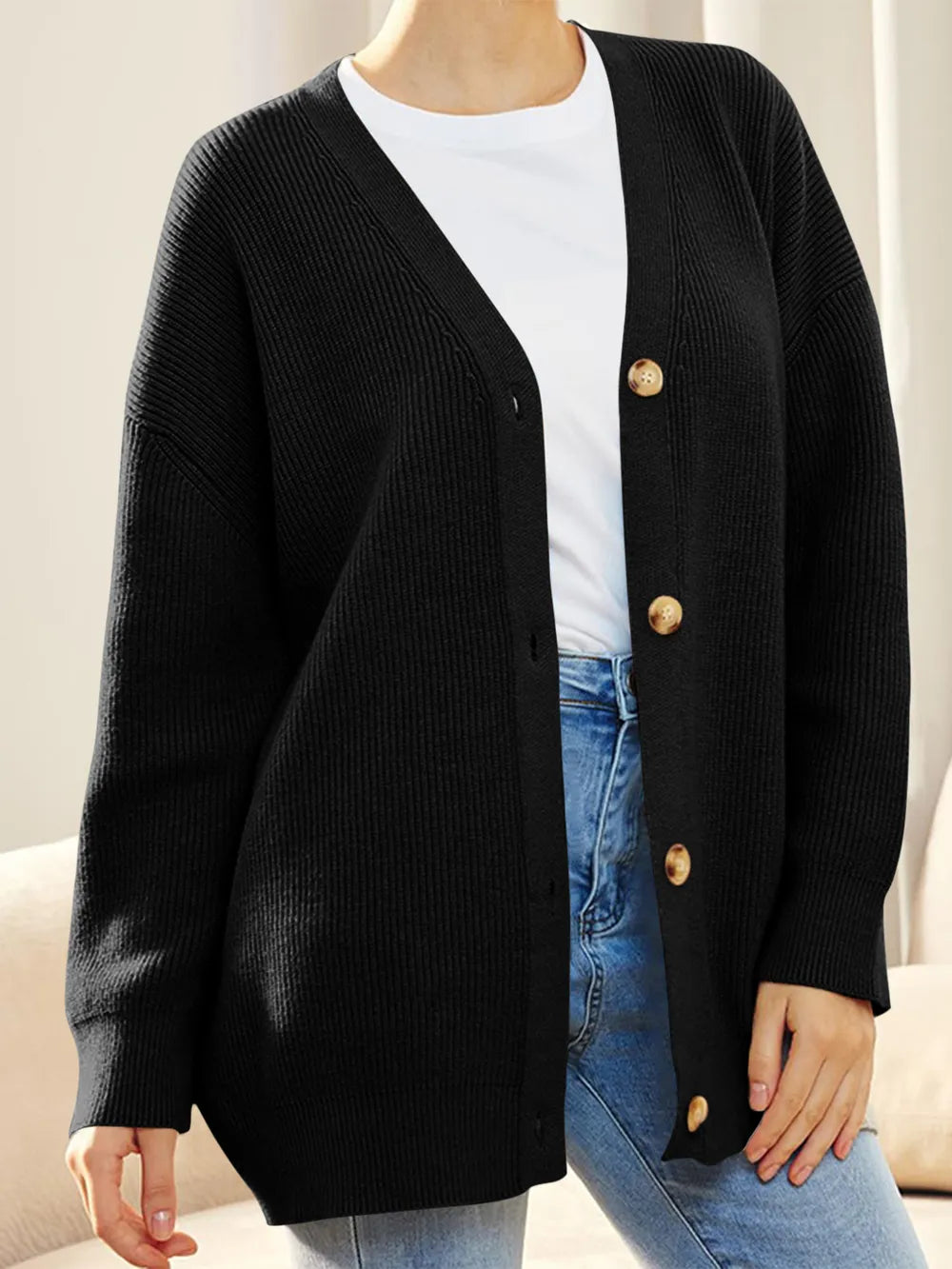 Button Down V-Neck Long Sleeve Cardigan Black Fitggins