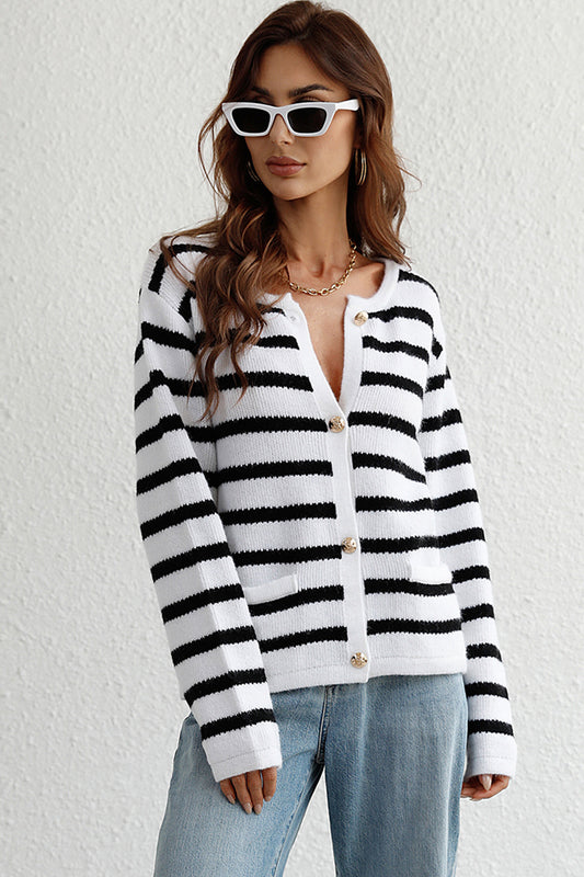 Striped Button Down Long Sleeve Cardigan - Cardigans - FITGGINS