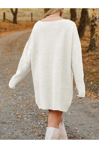 V-Neck Dropped Shoulder Sweater Dress - Sweater Dresses - FITGGINS