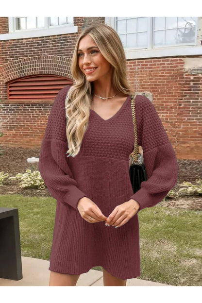 Perfee V-Neck Long Sleeve Sweater Dress - Sweater Dresses - FITGGINS