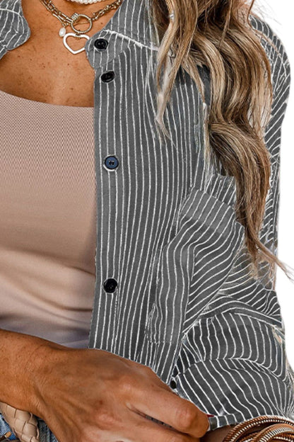 Pocketed Striped Collared Neck Long Sleeve Shirt - Shirts - FITGGINS