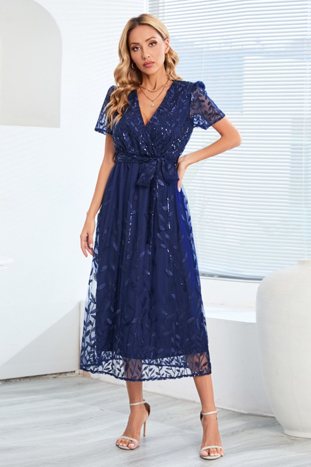 Sequin Leaf Embroidery Tie Front Short Sleeve Dress - Cocktail Dresses - FITGGINS