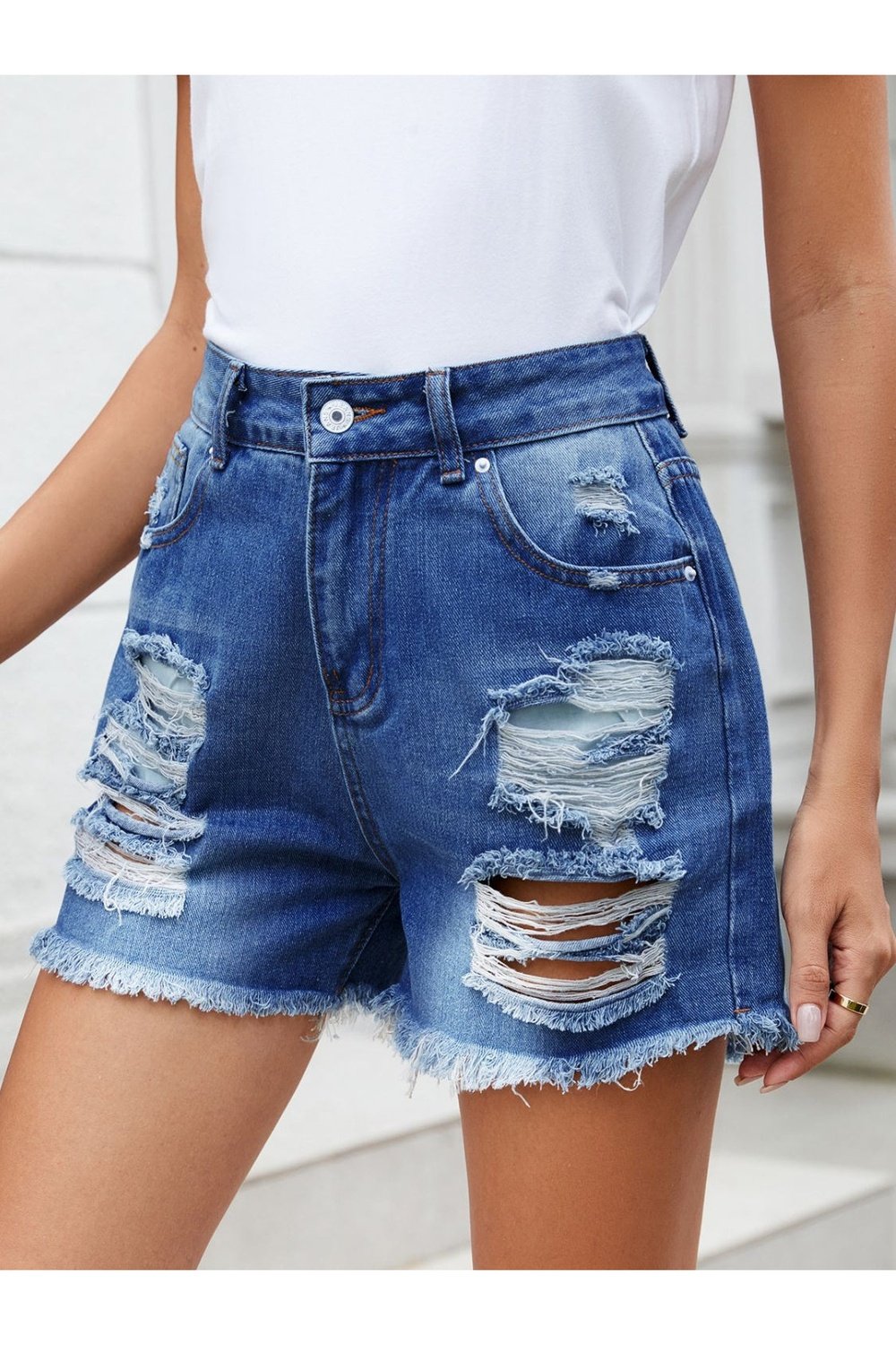 Distressed Raw Hem Denim Shorts - Denim Shorts - FITGGINS