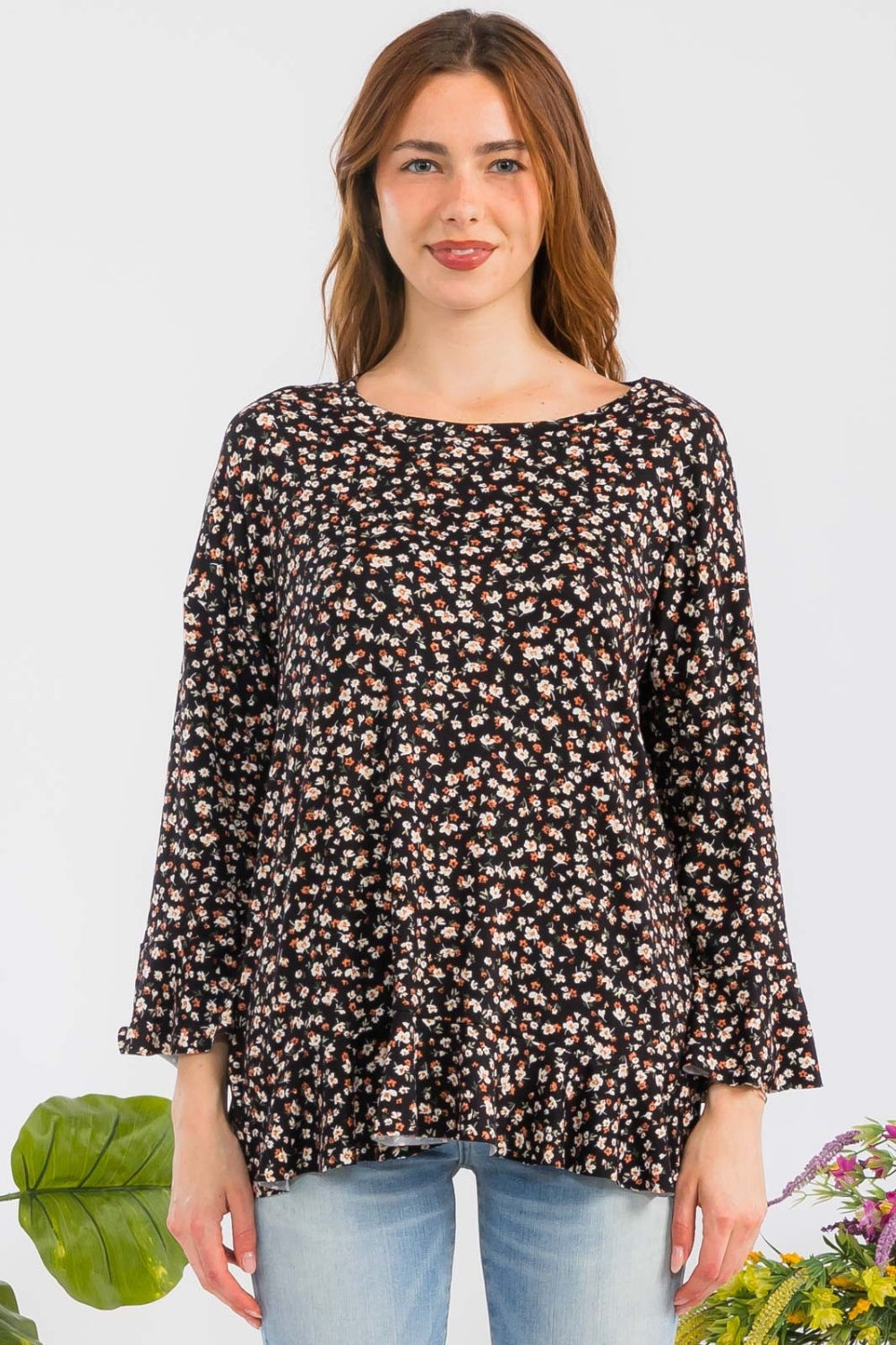 Celeste Full Size Floral Ruffle Detail Top - Shirts - FITGGINS