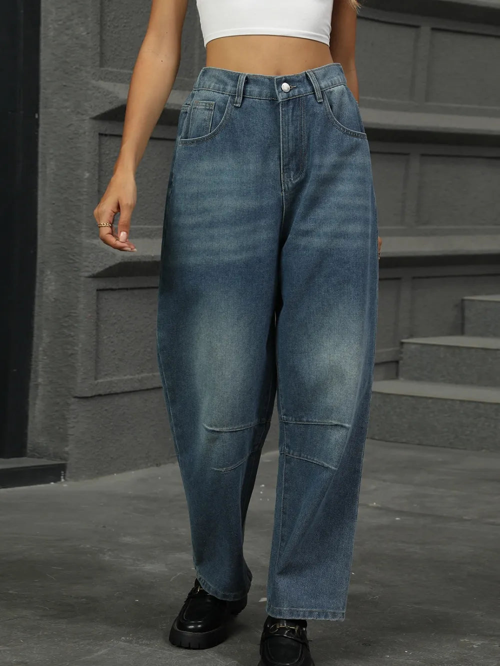 Half Elastic Waist Straight Leg Jeans Fitggins