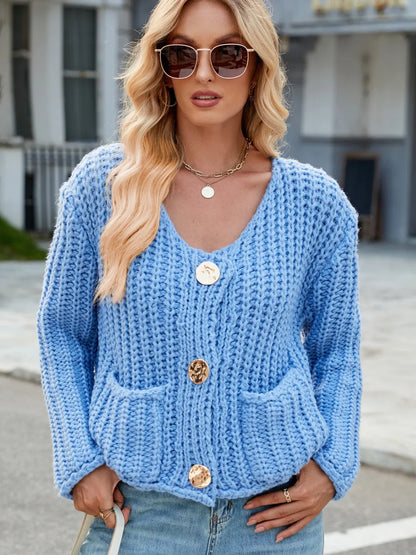 Round Neck Button Up Cardigan with Pockets Fitggins