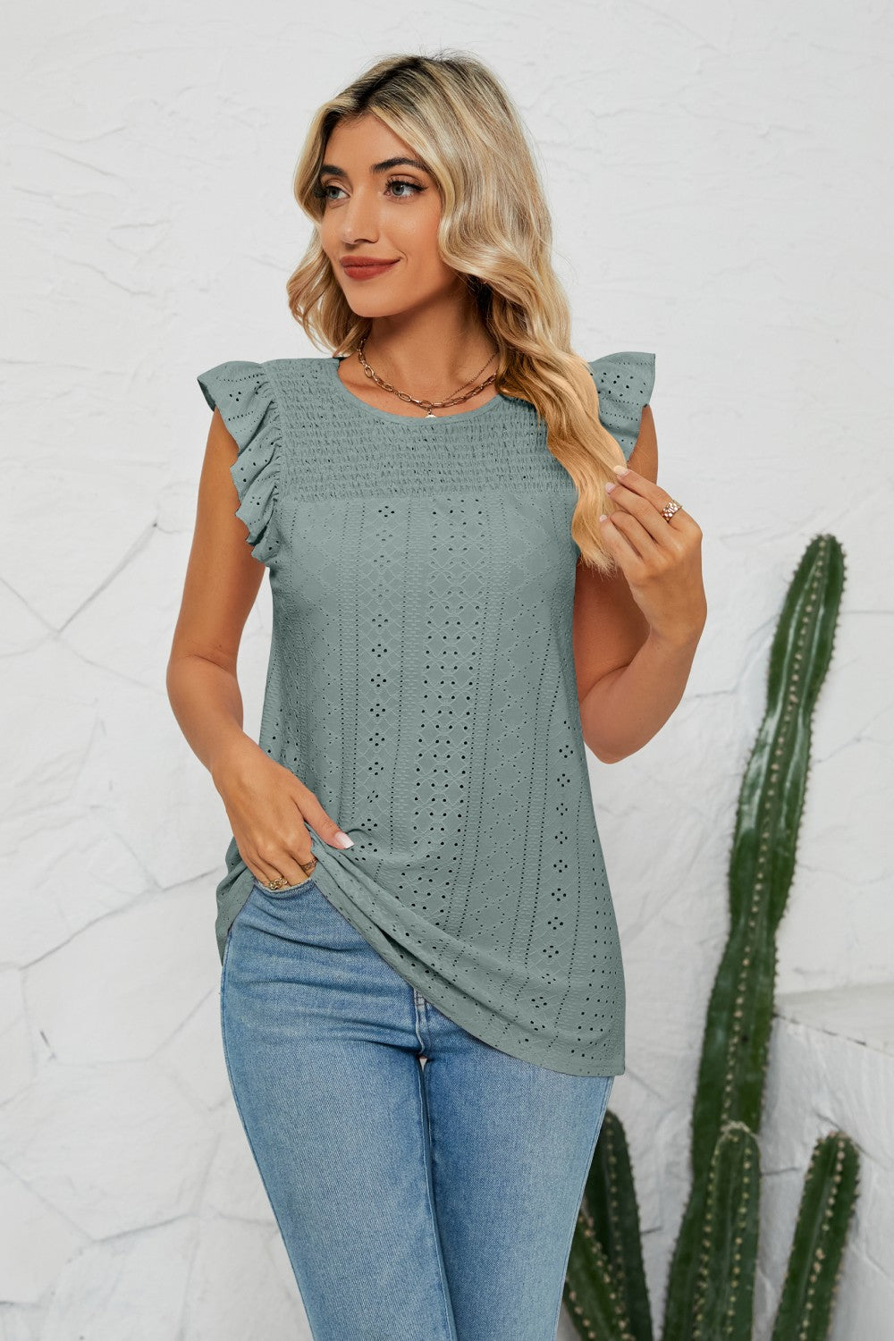Smocked Round Neck Eyelet Top Sage Fitggins