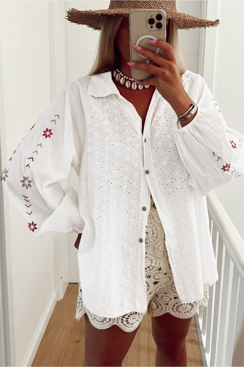 Embroidered Eyelet Collared Long Sleeve Shirt Fitggins