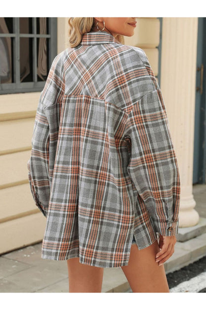 Pocketed Plaid Collared Neck Long Sleeve Shirt - Shirts - FITGGINS