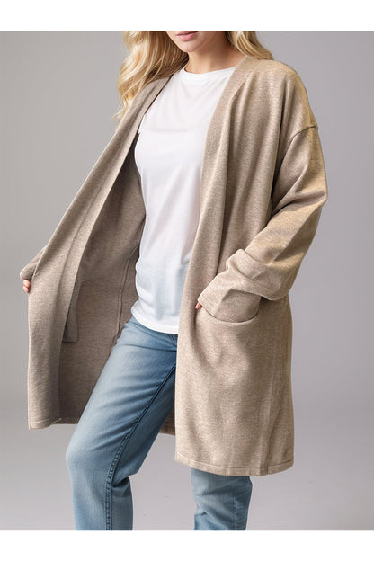 Open Front Long Sleeve Cardigan with Pockets - Cardigans - FITGGINS