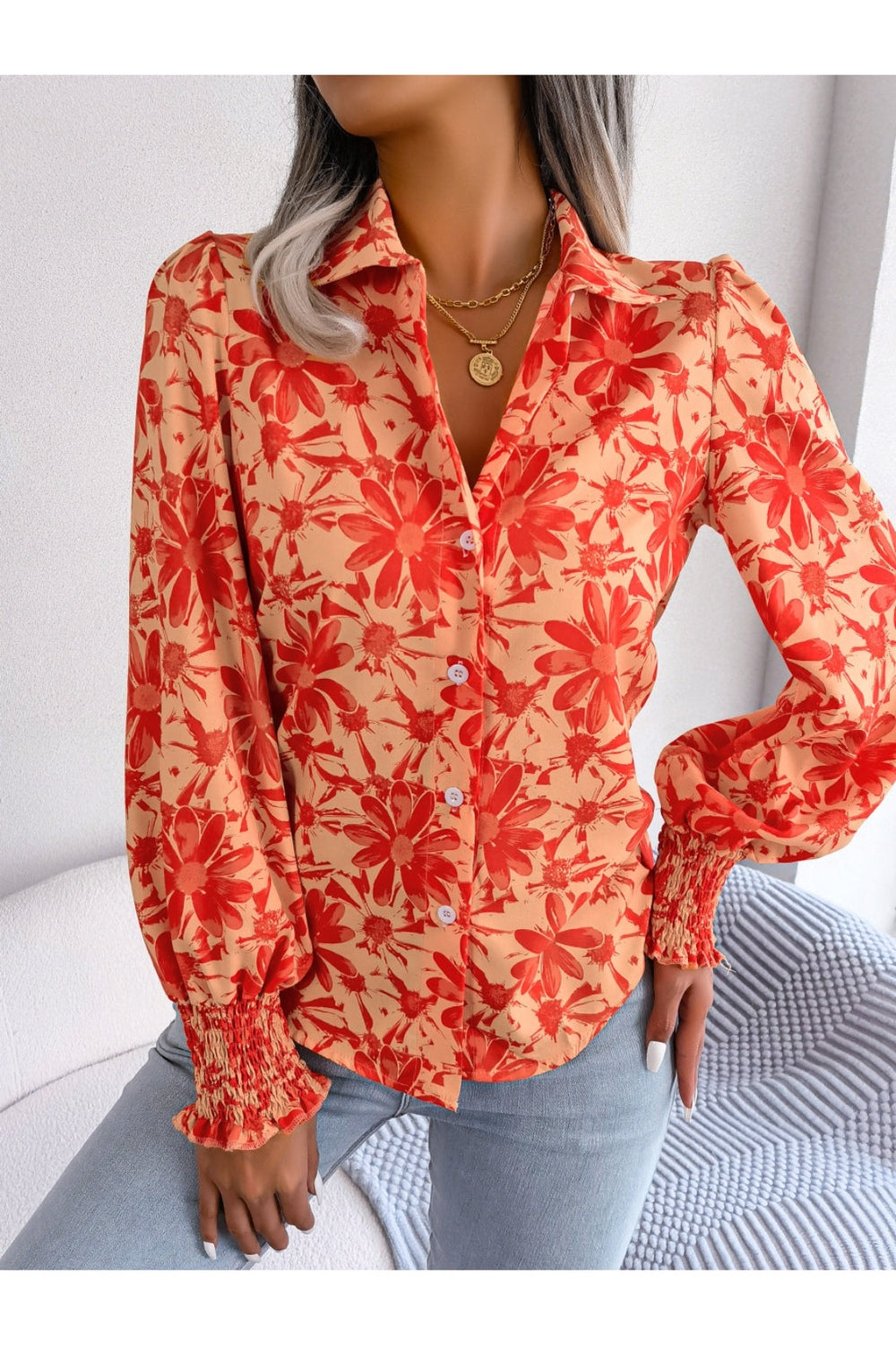 Floral Collared Neck Long Sleeve Shirt - Shirts - FITGGINS