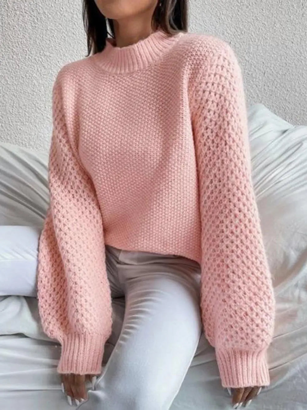 Openwork Mock Neck Long Sleeve Sweater Fitggins