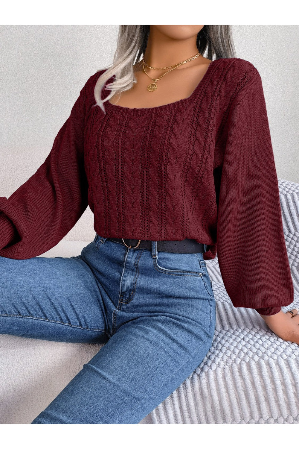 Cable-Knit Square Neck Long Sleeve Sweater - Pullover Sweaters - FITGGINS