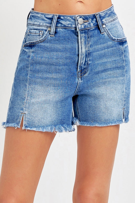 RISEN Front Slit Raw Hem Denim Shorts - Denim Shorts - FITGGINS