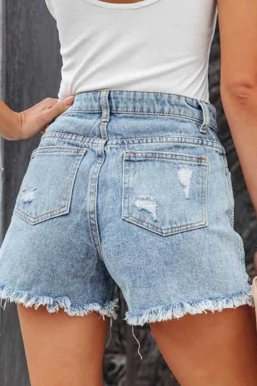 Rhinestone Fringe Distressed Denim Shorts Fitggins