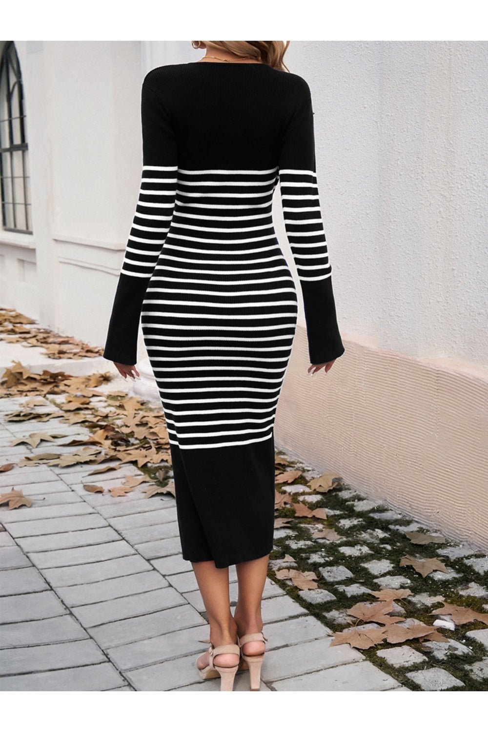 Striped V-Neck Long Sleeve Sweater Dress - Sweater Dresses - FITGGINS