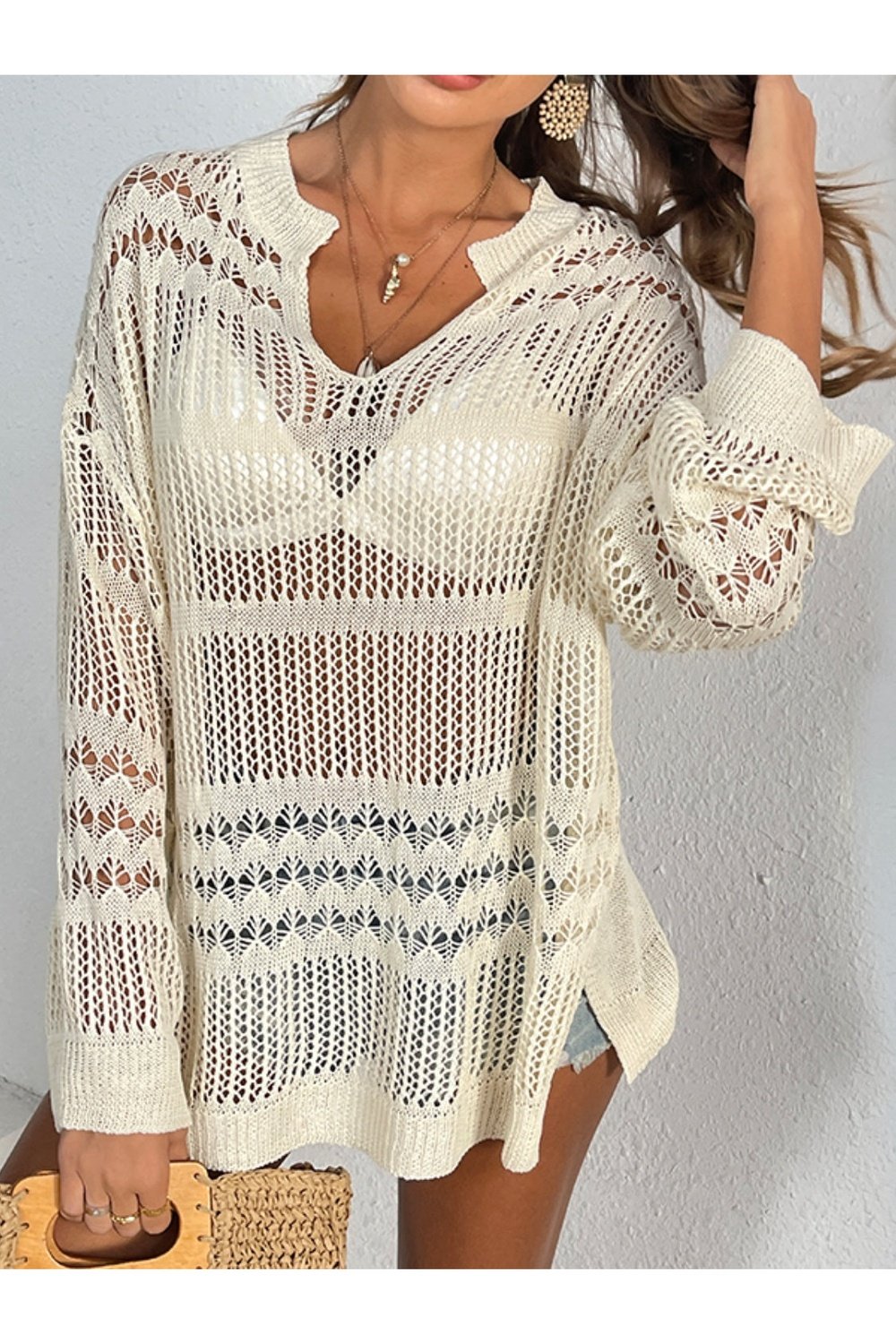 Cutout Notched Long Sleeve Cover-Up - Cover-Ups - FITGGINS