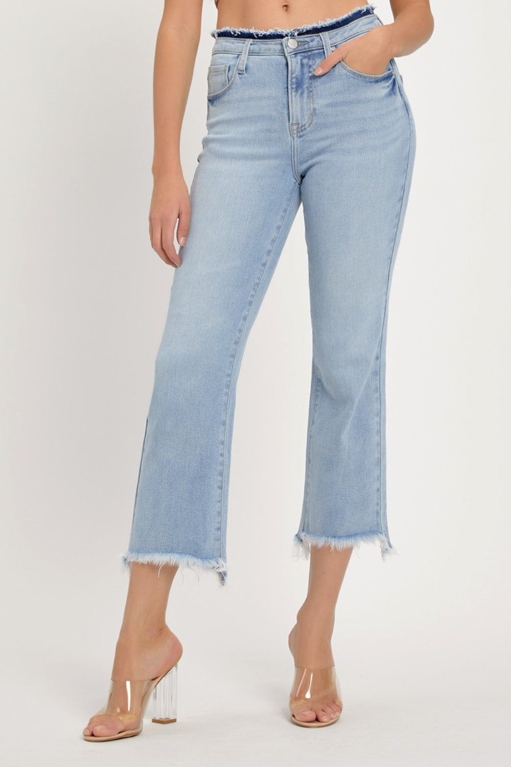 RISEN Full Size High Rise Raw Edge Crop Jeans - Jeans - FITGGINS