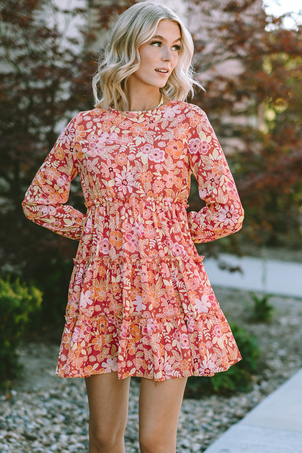 Floral Print Round Neck Long Sleeve Tiered Dress - Casual & Maxi Dresses - FITGGINS