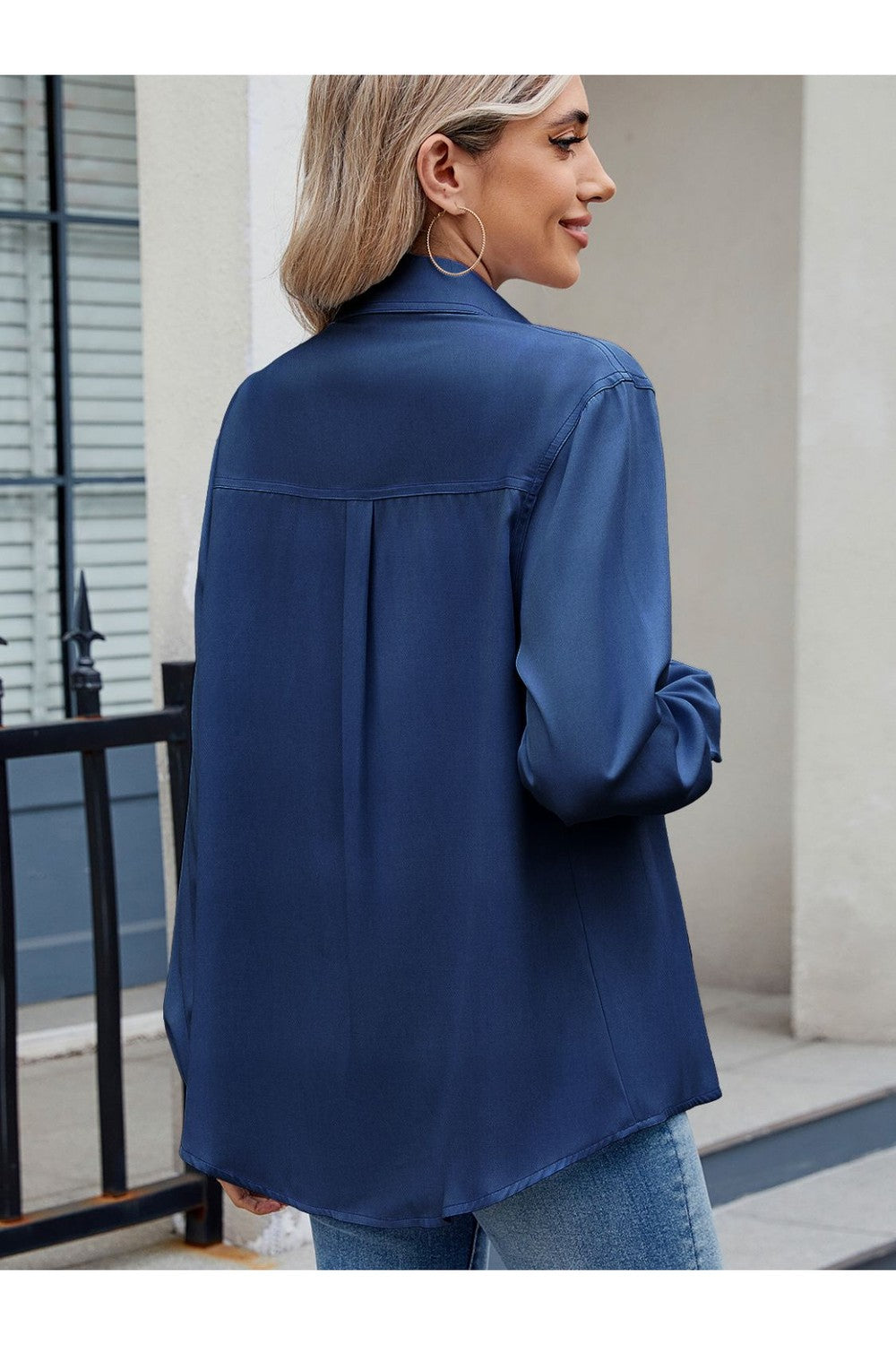 Solid Color Collared Neck Long Sleeve Shirt Fitggins