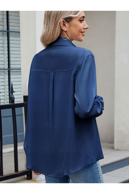 Solid Color Collared Neck Long Sleeve Shirt Fitggins