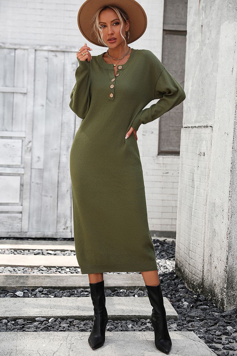 Decorative Button Notched Dropped Shoulder Sweater Dress - Sweater Dresses - FITGGINS