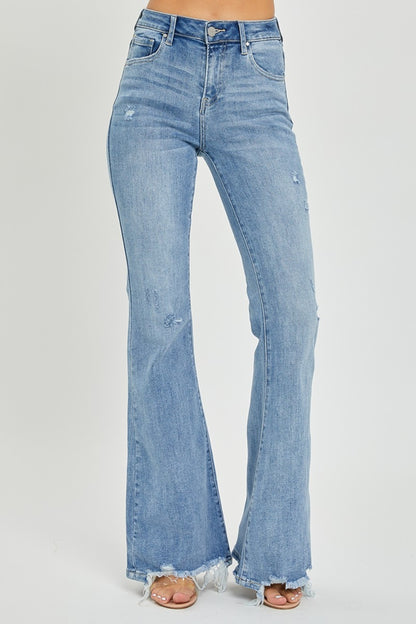 Risen Full Size High Rise Frayed Hem Flare Jeans - Jeans - FITGGINS